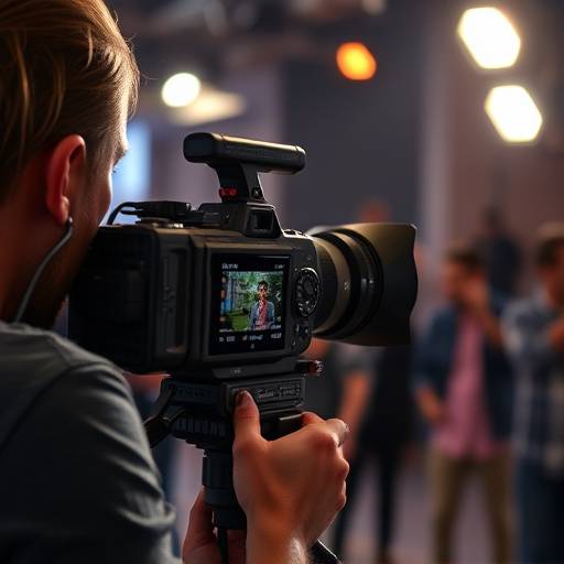 Cámara filmando una escena con iluminación profesional