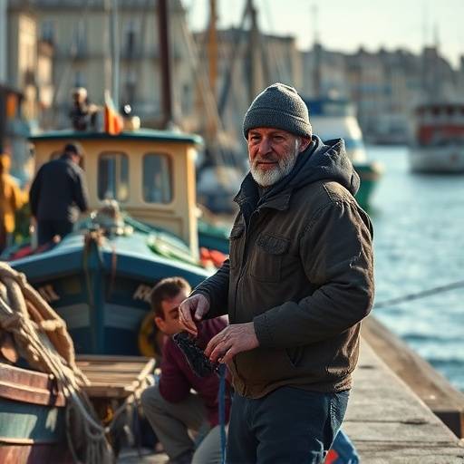 Escena de un documental mostrando a un pescador trabajando en el puerto de Barcelona