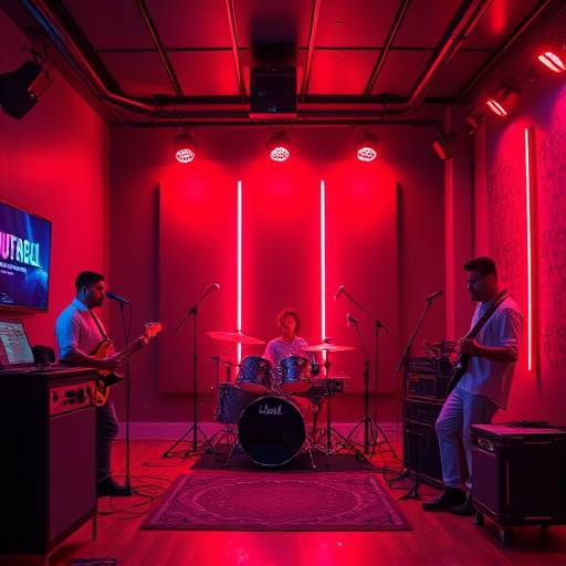 Escena de un video musical con una banda tocando en un estudio con luces de neón