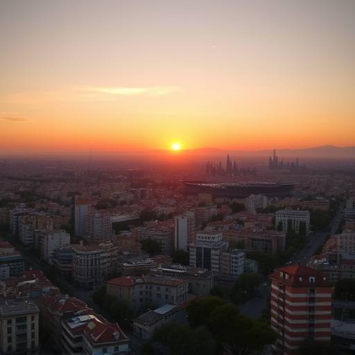 Fotograma de un video promocional mostrando una vista aérea de Barcelona al atardecer