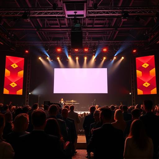 Imagen de un evento corporativo con un escenario iluminado y gente aplaudiendo