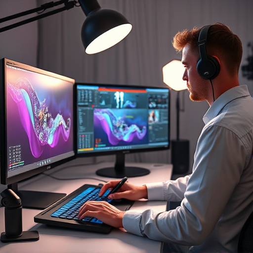Un diseñador gráfico creando una animación en su computadora con una tableta gráfica y mültiples pantallas que muestran software de animación.