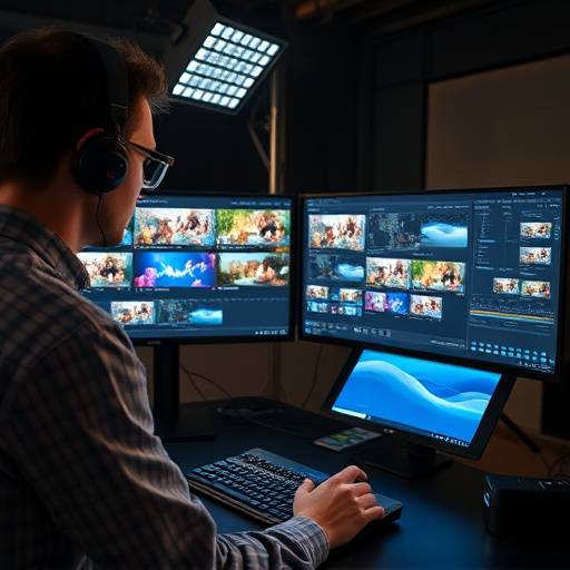 Un editor de video trabajando en una estación de edición con mültiples monitores mostrando líneas de tiempo y efectos visuales. Se ve concentrado en su trabajo.